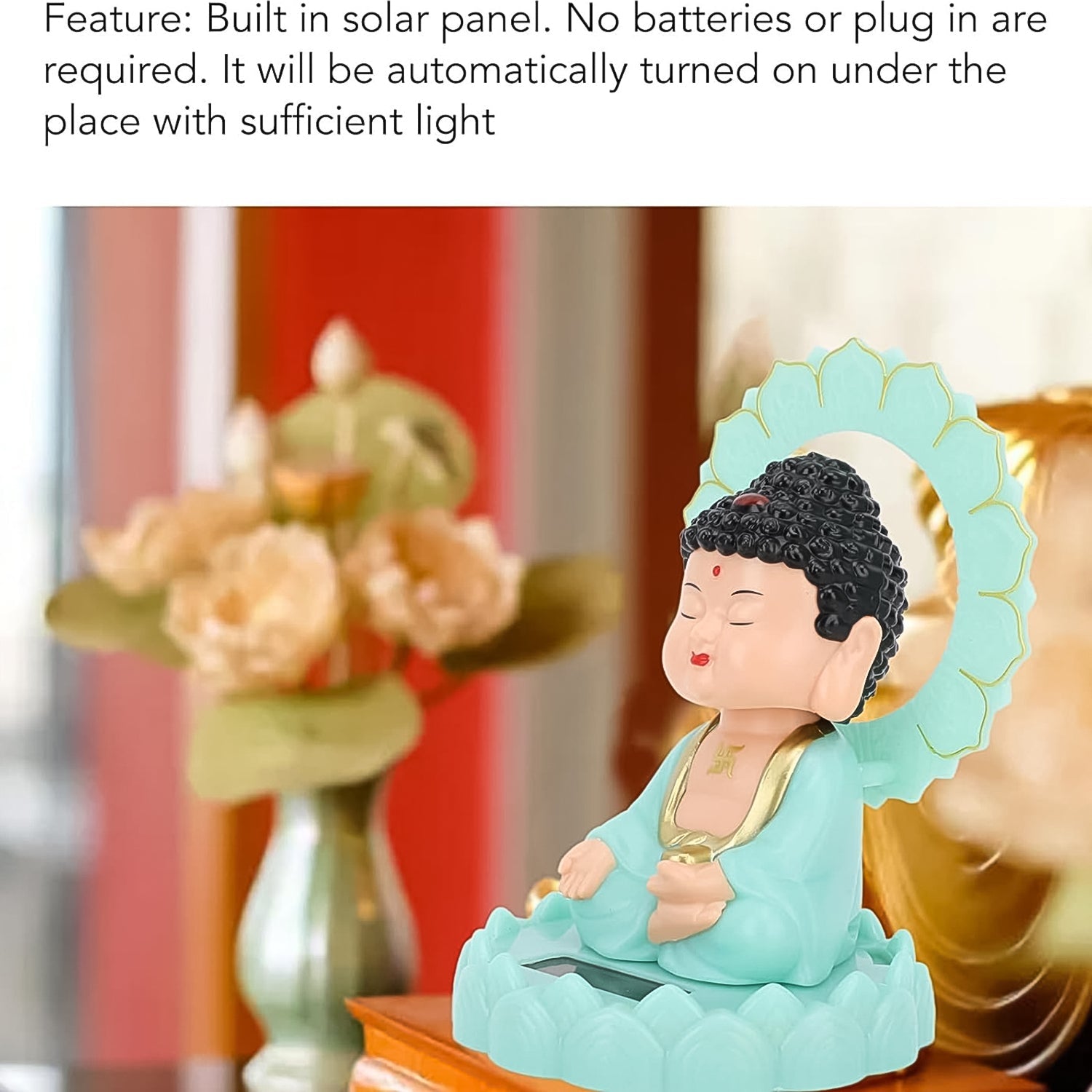 Solar-Powered Moving Head Buddha Statue – Decorative Showpiece for Home & Car (1pc/Random Color)