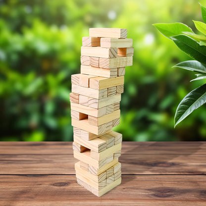 Wooden Tumbling Stacking Tower Game – Tumble Tower Blocks with 48 Wooden Pieces & 2 Dice for Family & Kids