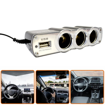 Triple 3-Way Car Socket Splitter + USB Charger Power Adapter