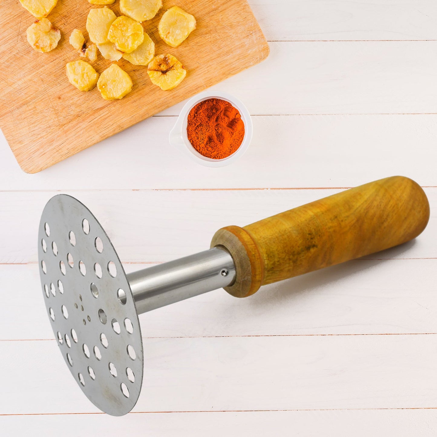 High-Grade Stainless Steel Potato & Vegetable Masher with Wooden Handle – Pav Bhaji Crusher
