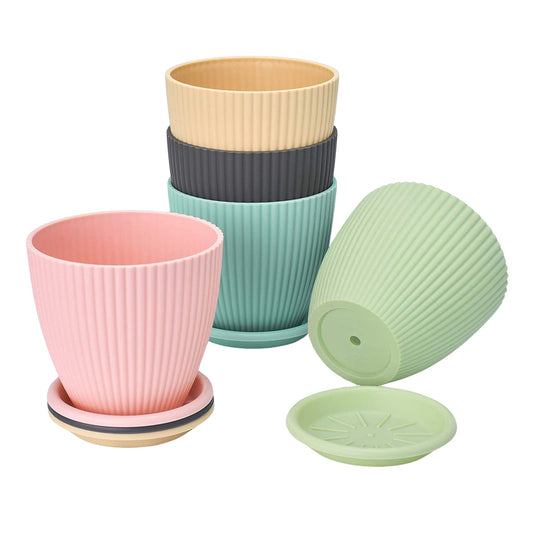 Plastic Flower Pots with Trays – Set of 5 Indoor & Outdoor Planters