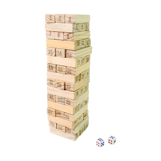 Wooden Tumbling Stacking Tower Game – Tumble Tower Blocks with 48 Wooden Pieces & 2 Dice for Family & Kids