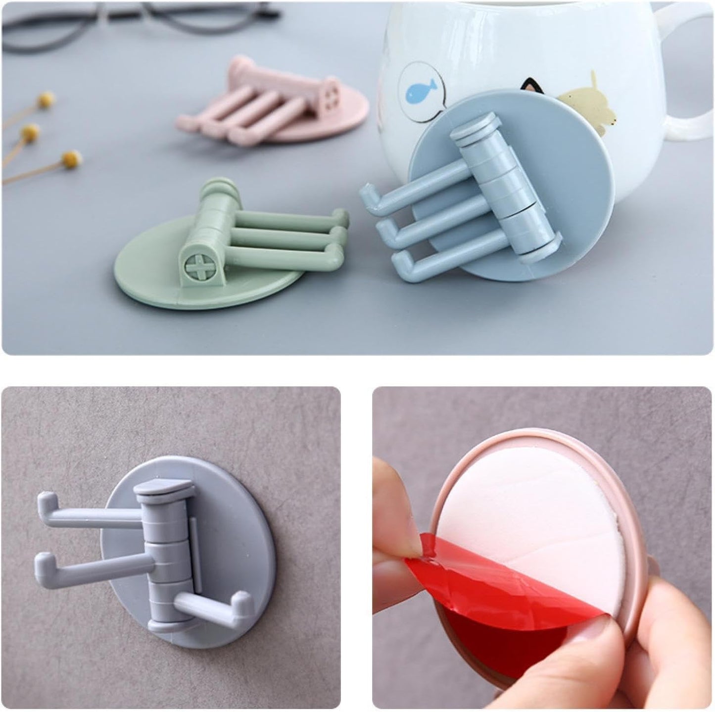 180° Rotating Punch-Free 3-Hook Adhesive Wall Hook – 1 Pc