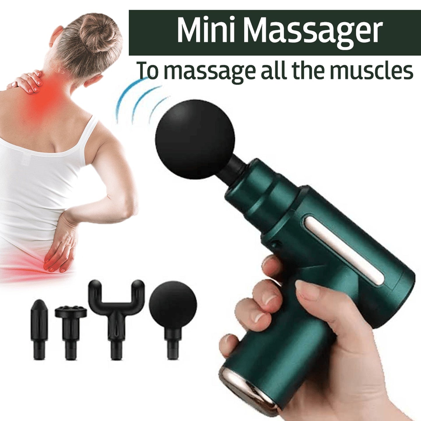 Deep Tissue Percussion Massage Gun – Full Body Pain Relief Machine with 4 Heads & 6 Speed Settings (Cordless, Rechargeable)