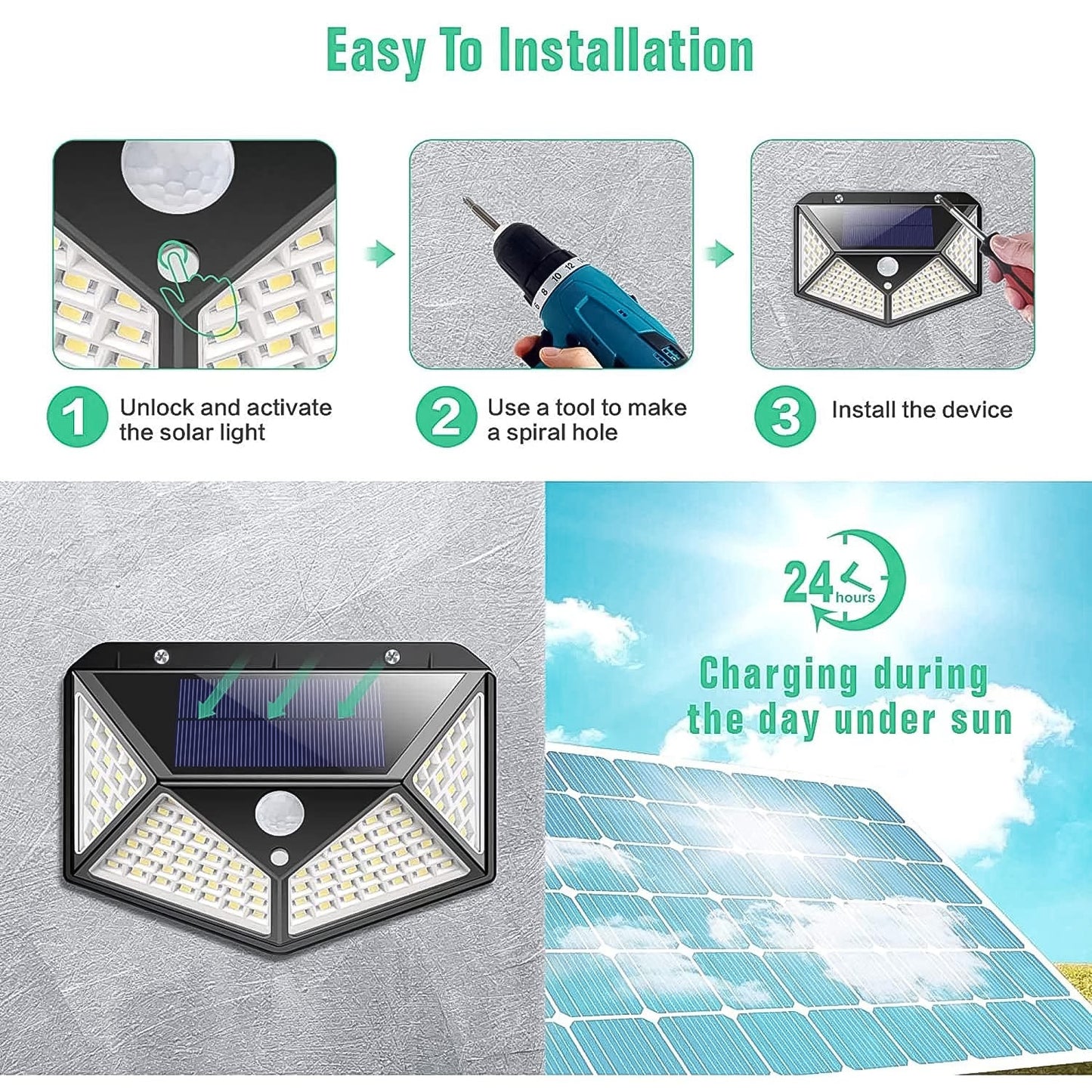 Outdoor Solar Lamp – 100 LED 120 Degrees Motion Sensor Wall Light