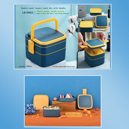 Double-Layer Portable Lunch Box with Handle & Spoon
