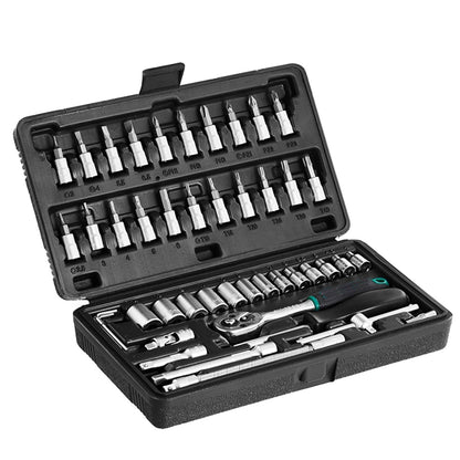 46pcs Metal 1/4" Socket Set – Chrome Vanadium Steel, Ratchet Wrench & Extension Bar Toolkit (Black)