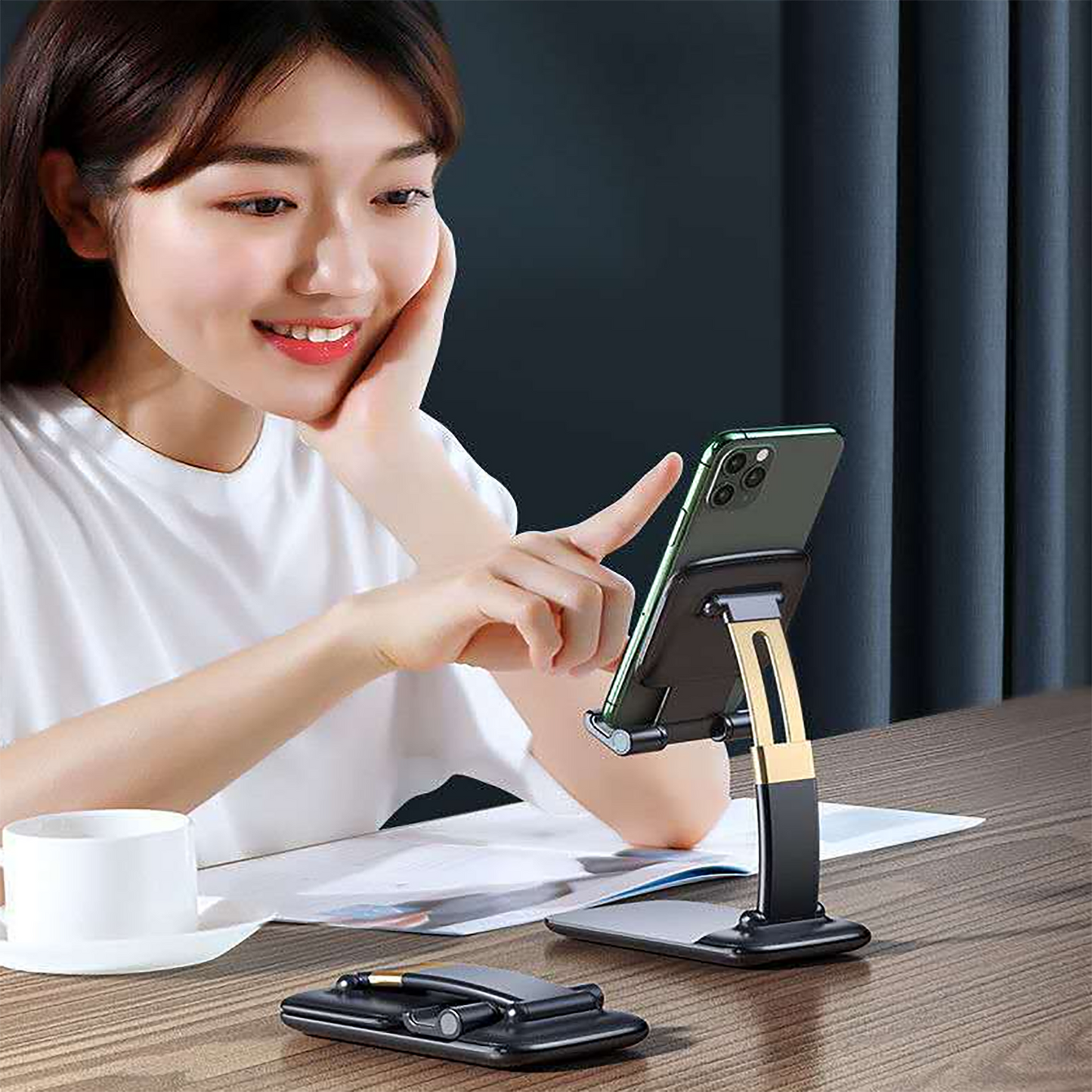 Phone Holder for Table, Foldable Universal Non-Slip Mobile Desk Stand for all Smartphones