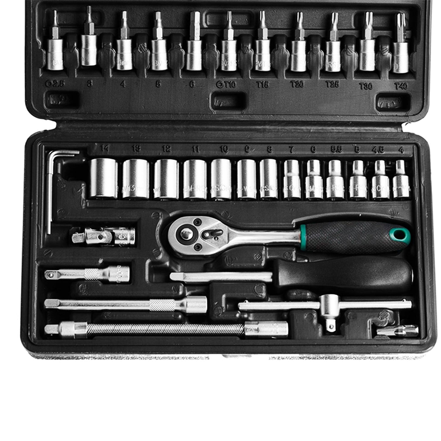 46pcs Metal 1/4" Socket Set – Chrome Vanadium Steel, Ratchet Wrench & Extension Bar Toolkit (Black)