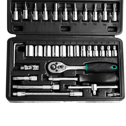 46pcs Metal 1/4" Socket Set – Chrome Vanadium Steel, Ratchet Wrench & Extension Bar Toolkit (Black)