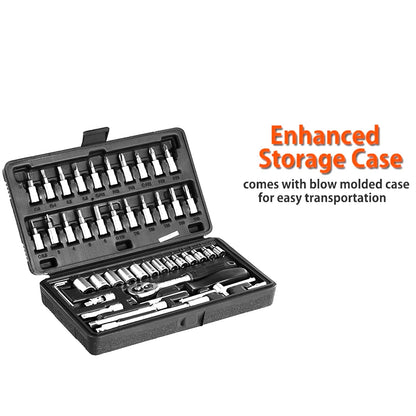 46pcs Metal 1/4" Socket Set – Chrome Vanadium Steel, Ratchet Wrench & Extension Bar Toolkit (Black)