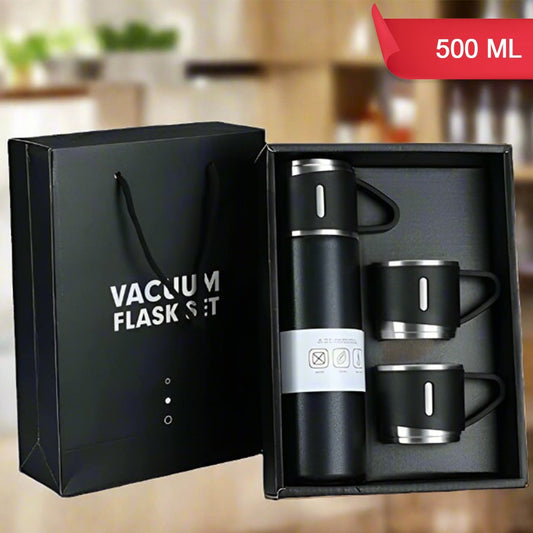 Stainless Steel Vacuum Flask Set with 3 Steel Cups – Travel-Friendly Hot & Cold Thermos Bottle (500ml)