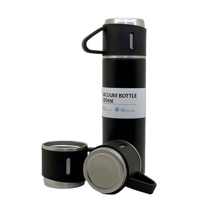 Stainless Steel Vacuum Flask Set with 3 Steel Cups – Travel-Friendly Hot & Cold Thermos Bottle (500ml)