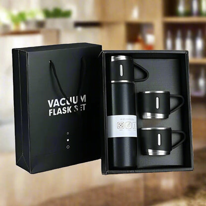 Stainless Steel Vacuum Flask Set with 3 Steel Cups – Travel-Friendly Hot & Cold Thermos Bottle (500ml)