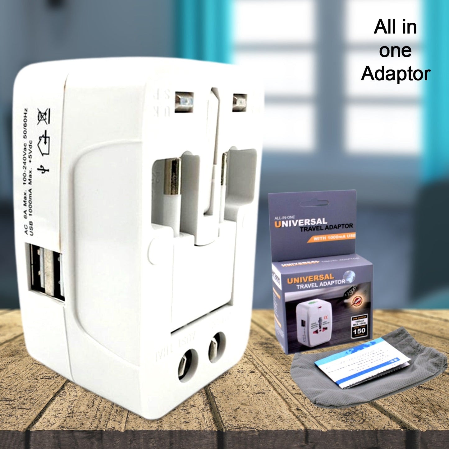 All-in-One Universal Travel Adapter Plug – AU/UK/US/EU with USB Output (1 Pc)